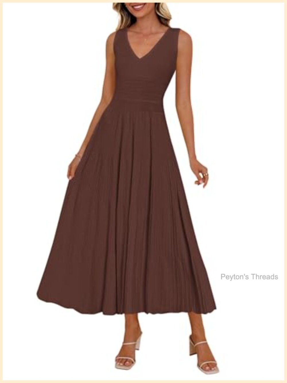 Sleeveless V-Neck Pleated Midi Dress with A-Line Silhouette